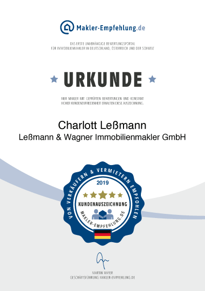 Urkunde makler-empfehlung.de für Leßmann & Wagner Immobilienmakler GmbH 2019